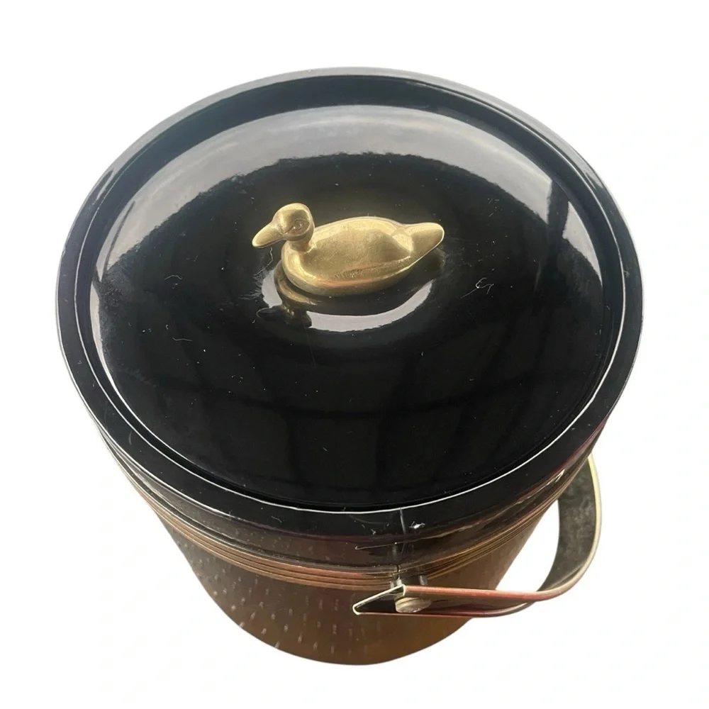 VTG Ice Bucket Vinyl Black Gold Brass Duck Lid Handle Retro 1960’s MCM Hollywood